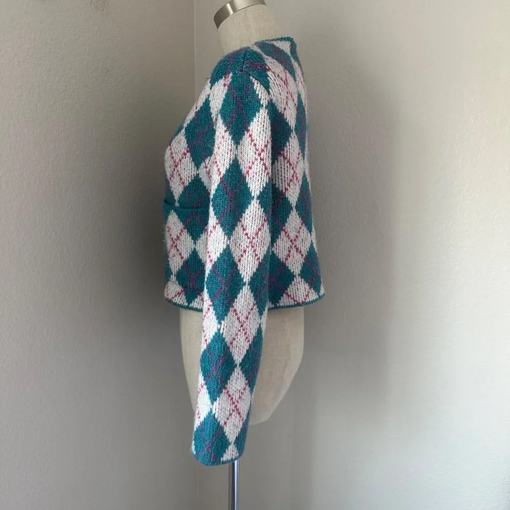 Zara Argyle Knit Jacquard Sweater Cardigan Round Neck Blue Color Sz S - Picture 4 of 8